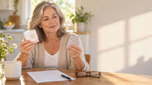 A woman examines a medication pack and a blister pack of pills at a table with a notepad and glasses. Infographic.