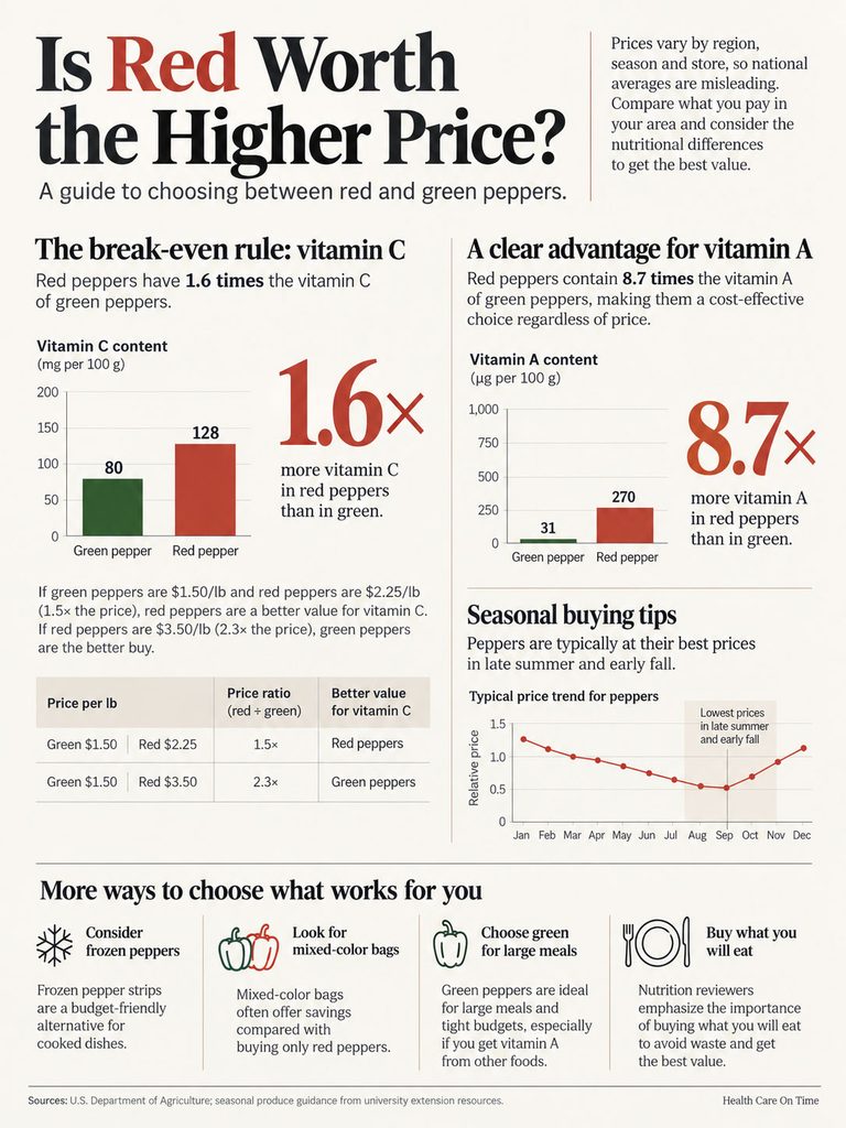 Infographic comparing vitamin C and A content in red and green peppers, with price analysis and seasonal tips.