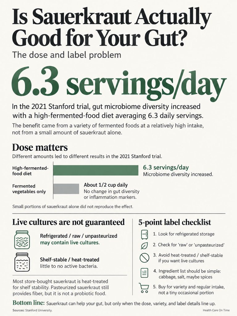 Infographic on sauerkraut benefits, showing 6.3 servings/day for gut health, with a checklist and key points.