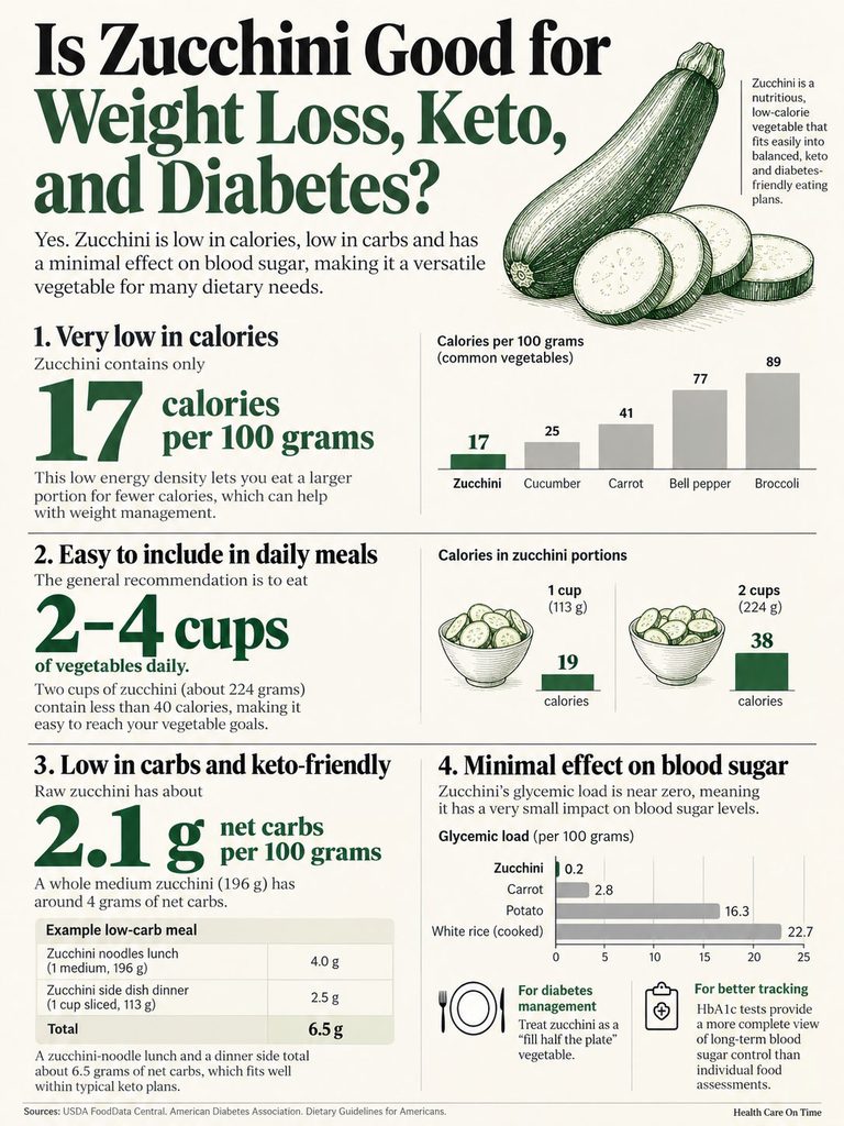Infographic showing zucchini's benefits for weight loss, keto, and diabetes with charts on calories and carbs.