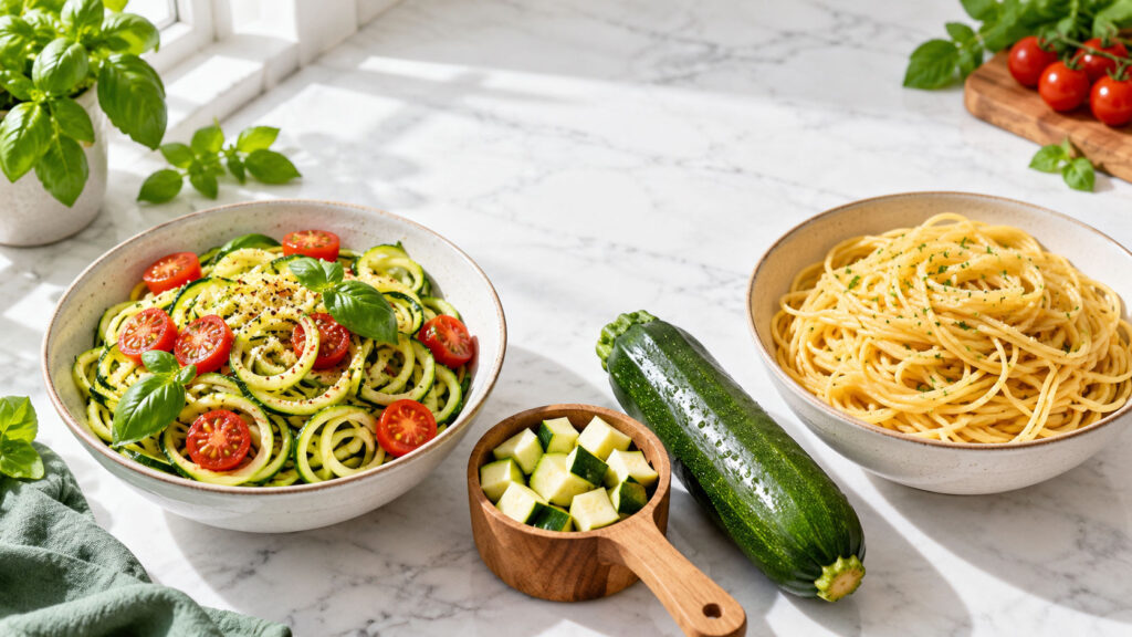 A bowl of spiralized zucchini pasta topped with cherry tomatoes and basil next to a bowl of spaghetti.