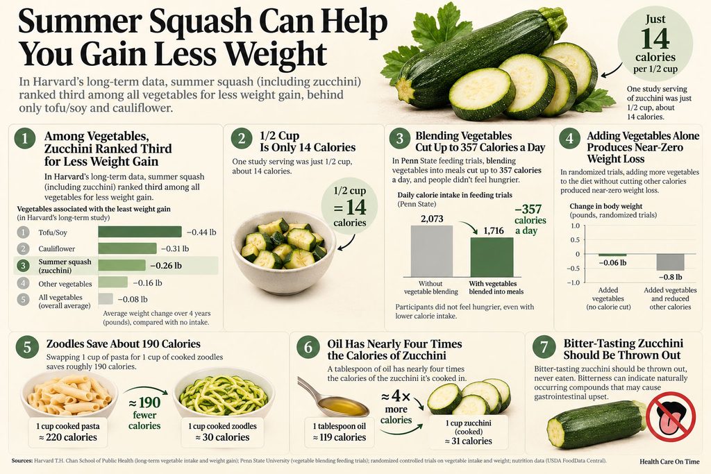 Infographic showing summer squash benefits for weight loss, including calorie counts and vegetable rankings.