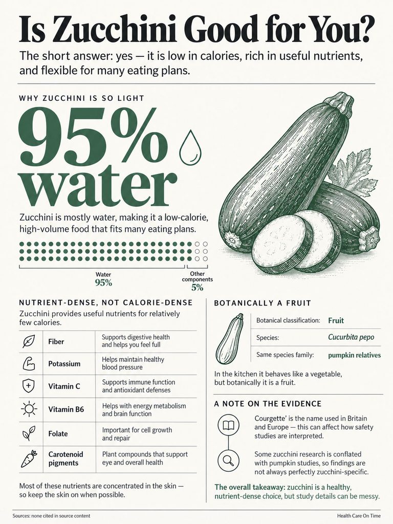 Infographic explaining zucchini's health benefits, highlighting 95% water content and nutrient density.