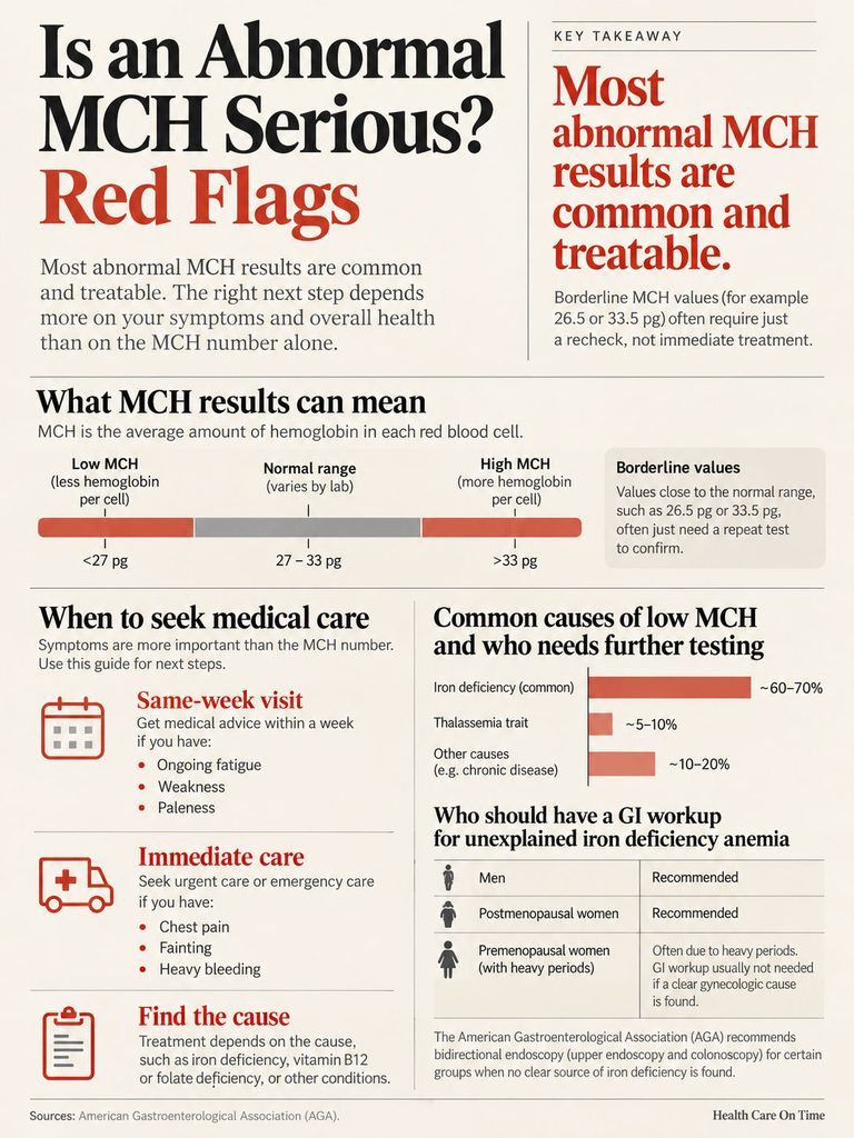 Infographic explaining abnormal MCH results, symptoms, and when to seek medical care with charts and icons.