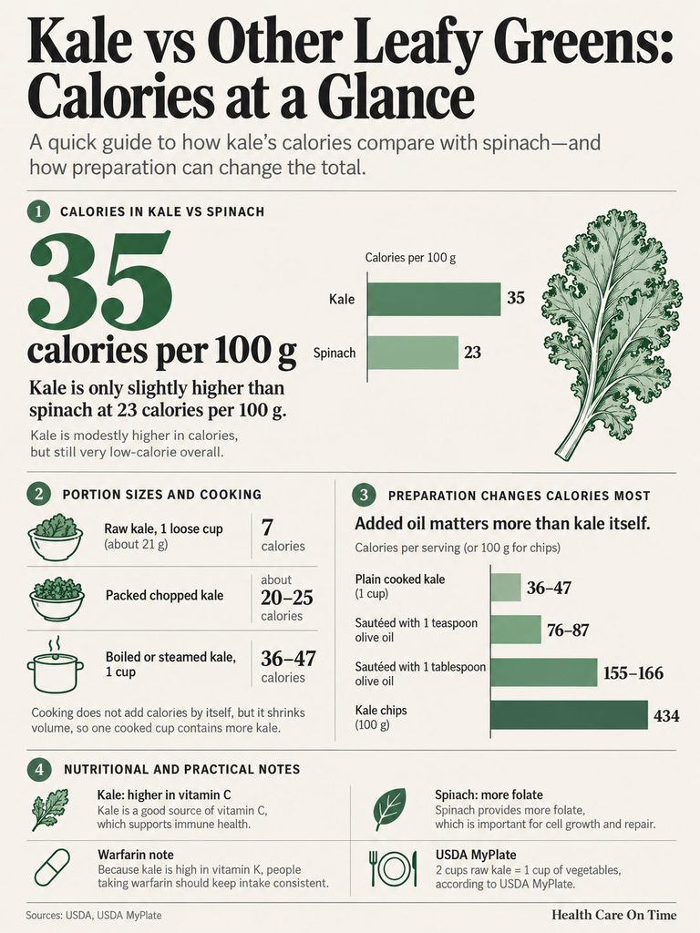 Infographic comparing calories in kale and spinach, showing preparation effects and portion sizes.