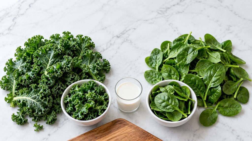 Fresh kale and spinach arranged on a marble surface with a glass of milk and bowls of greens.