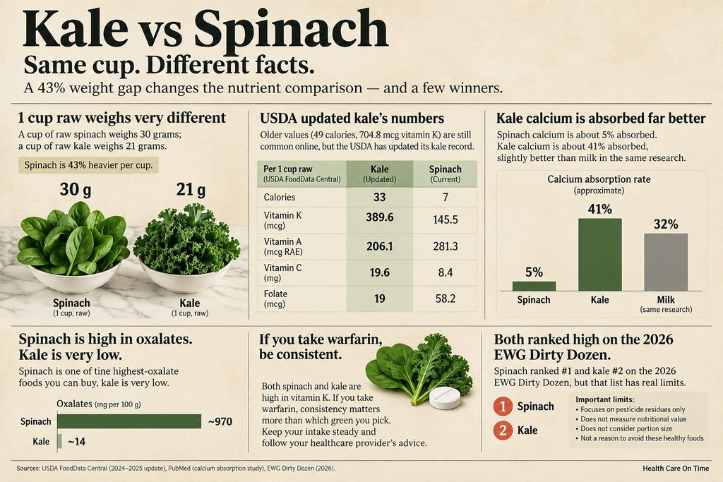 Infographic comparing kale and spinach nutrition facts, including weights, vitamins, and calcium absorption rates.