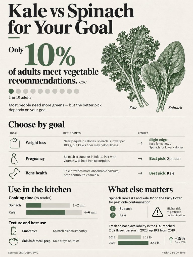 Infographic comparing kale and spinach for weight loss, pregnancy, and bone health with cooking times and statistics.