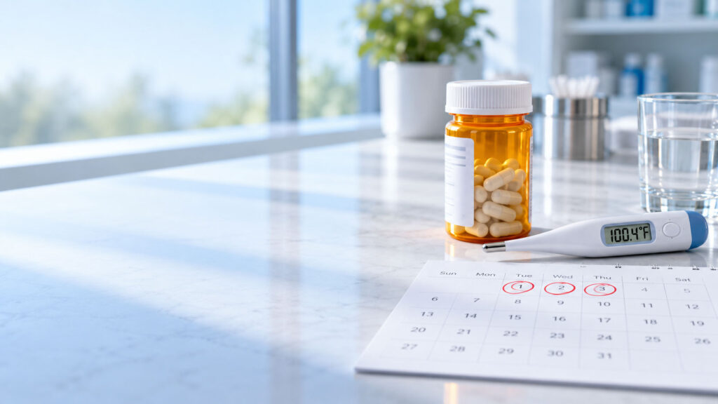 A thermometer reads 100.4°F next to a pill bottle and a calendar on a marble table.