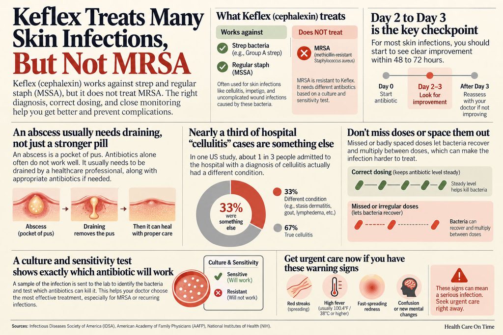 Infographic explaining Keflex for skin infections, highlighting treatment effectiveness and key warning signs.