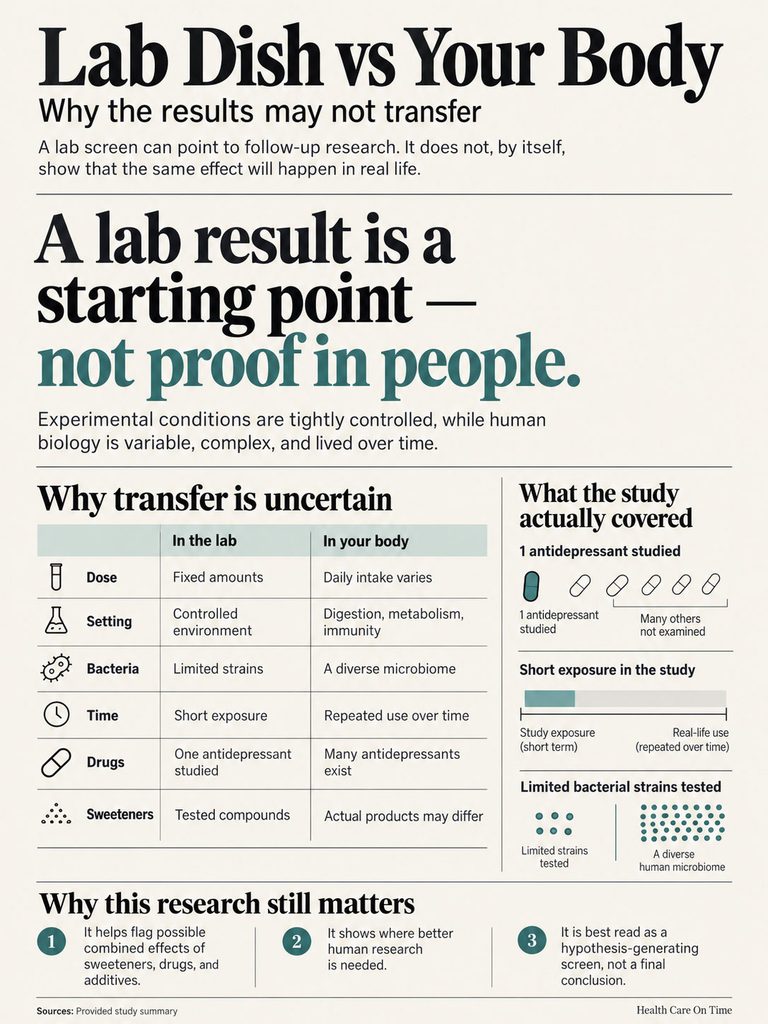 Infographic comparing lab results to human biology, highlighting uncertainties in research transferability.