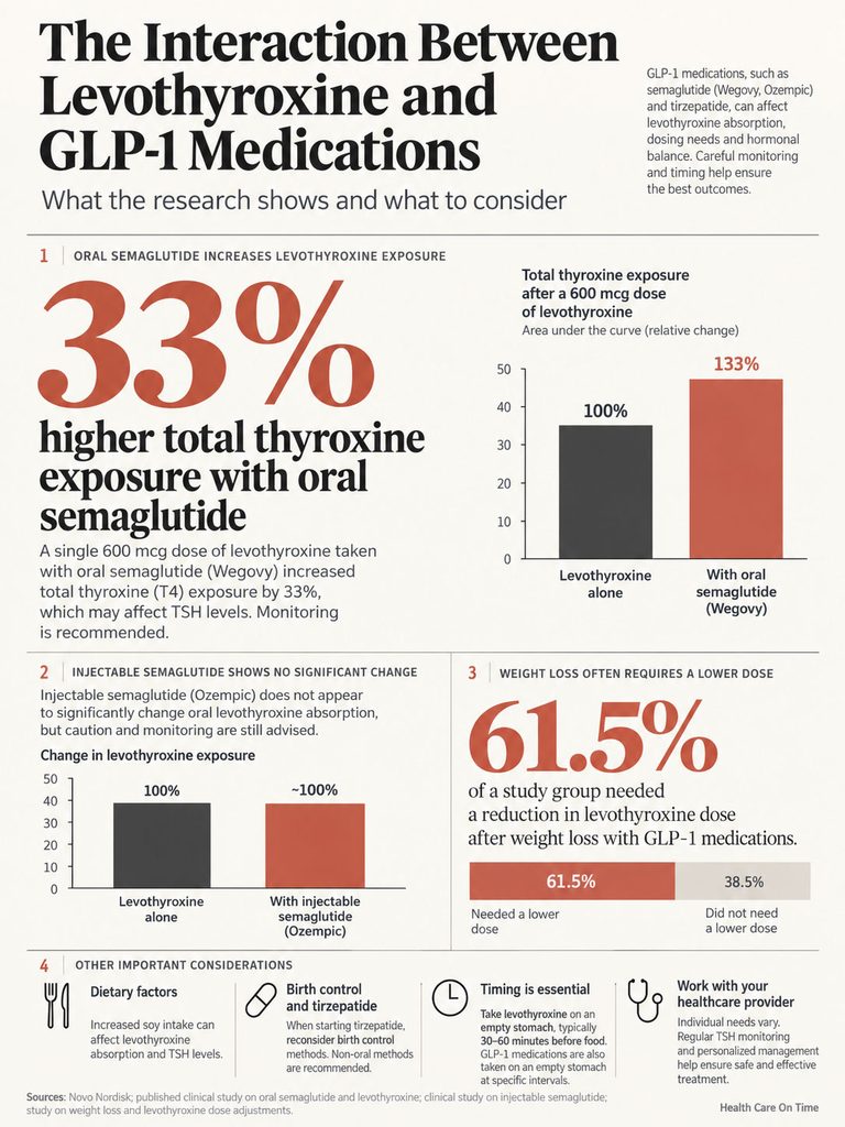 Infographic showing interaction between levothyroxine and GLP-1 medications with statistics and charts on dosage effects.