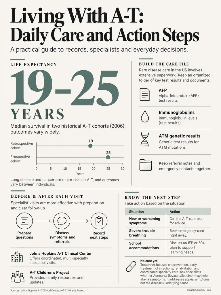 Infographic on living with A-T, detailing life expectancy, care steps, and specialist visits.