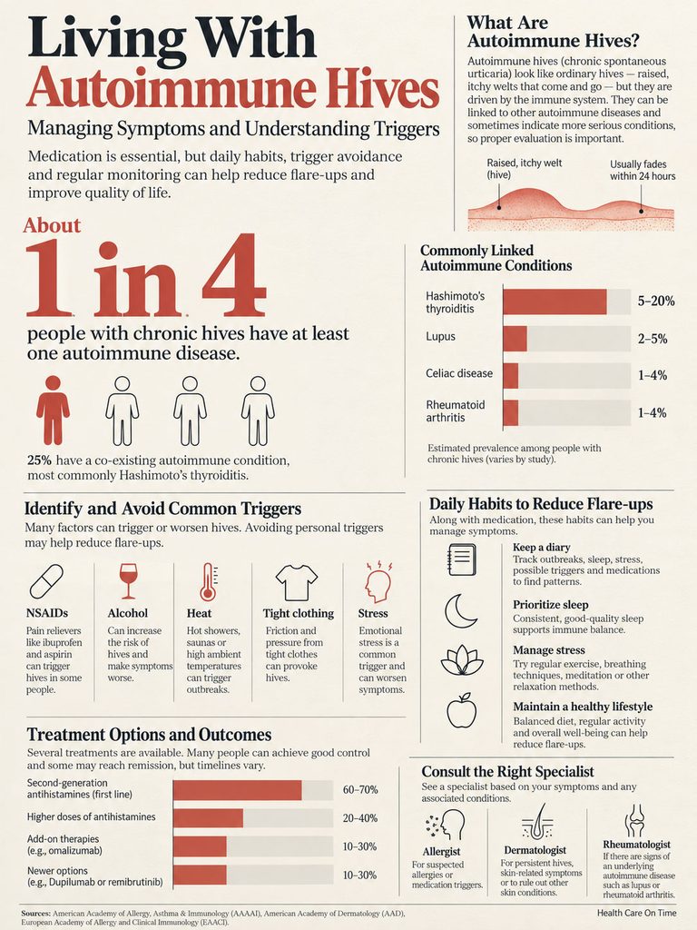 Infographic explaining autoimmune hives, triggers, and treatment options with statistics and visual elements.