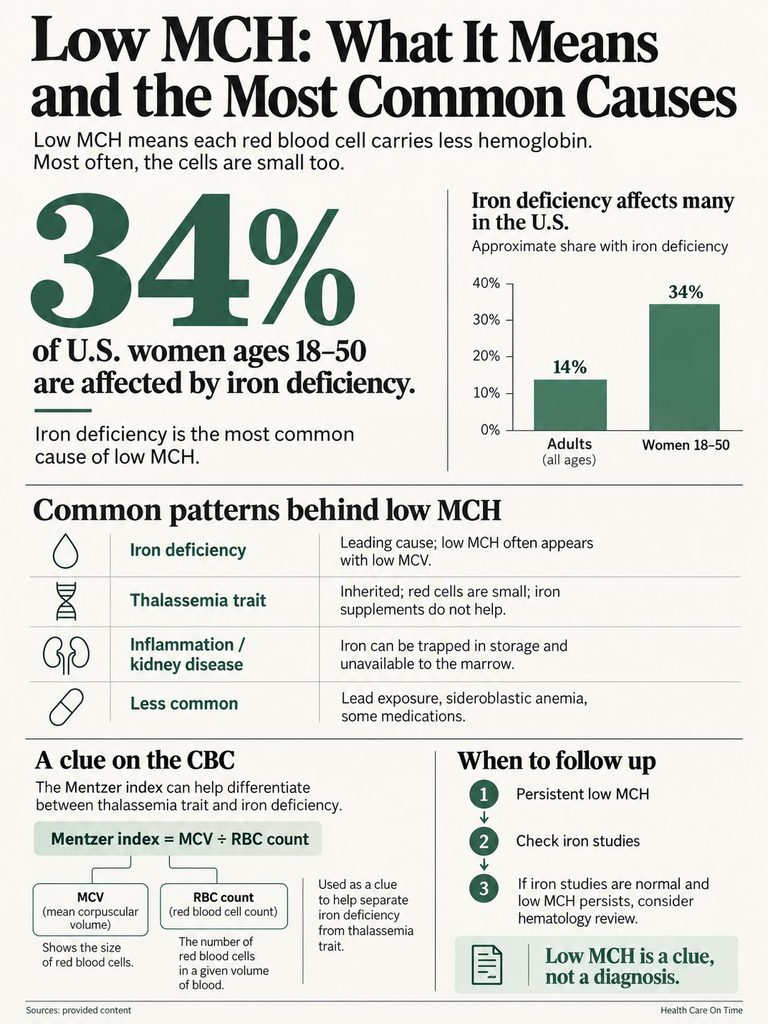 Infographic explaining low MCH, its causes, and statistics on iron deficiency in U.S. women aged 18-50.
