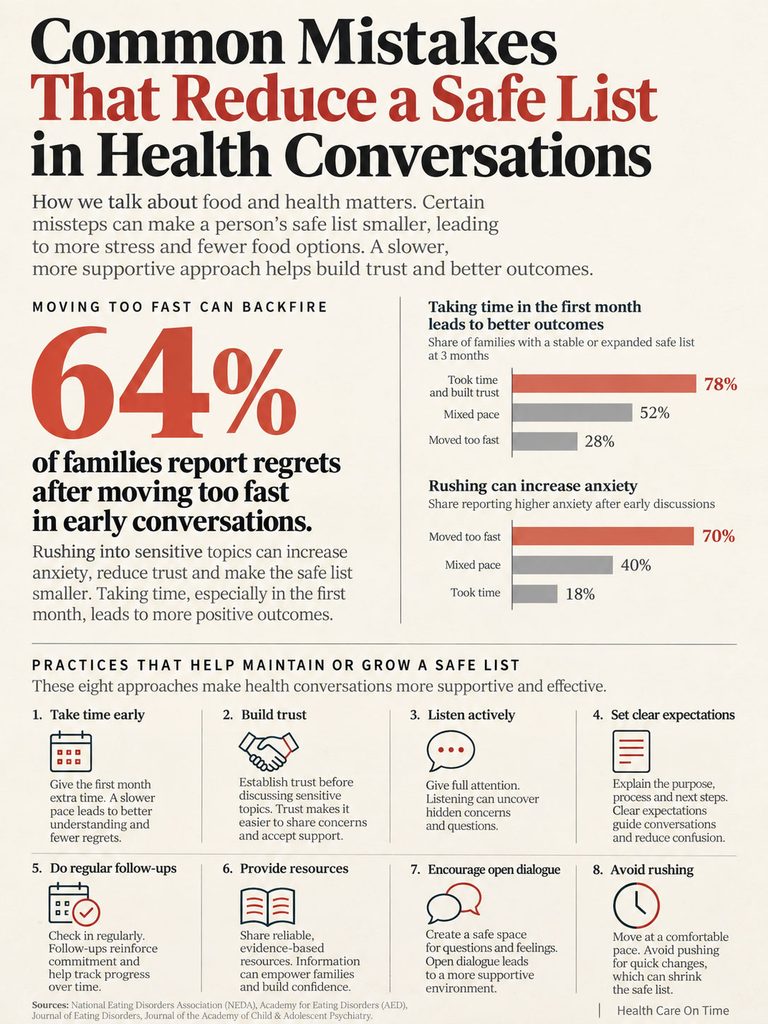 Infographic showing common mistakes in health conversations, highlighting statistics and best practices for effective communication.