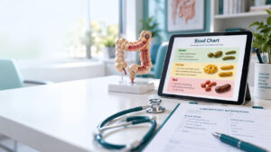 A medical desk displays a stool chart on a tablet, a colon model, and a stethoscope in a bright office setting.