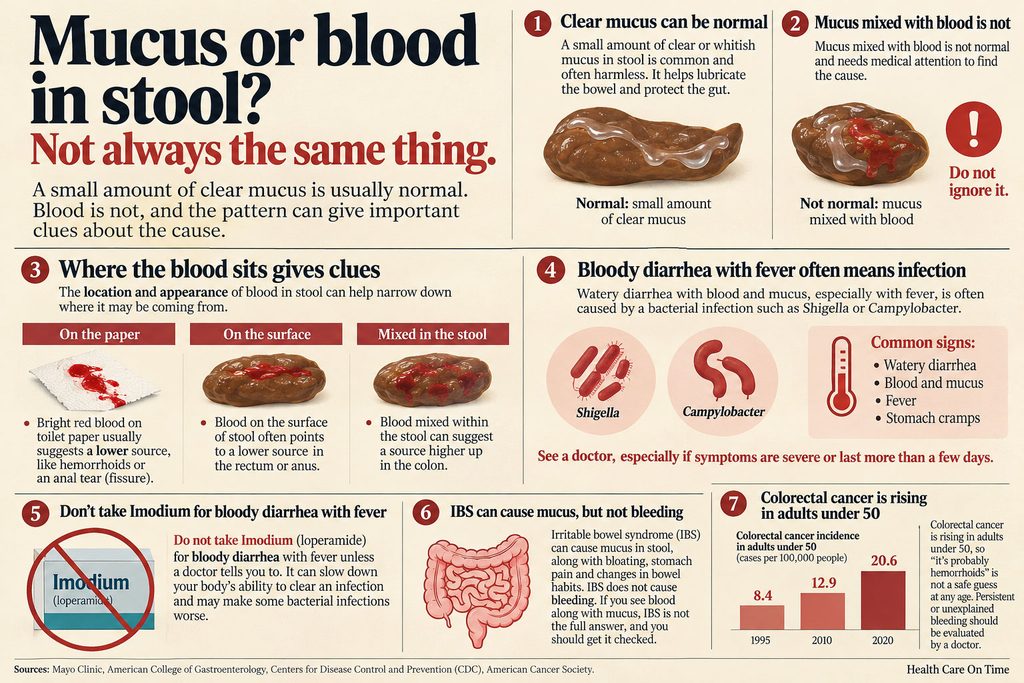 Infographic comparing mucus and blood in stool, detailing symptoms and causes with illustrations and statistics.