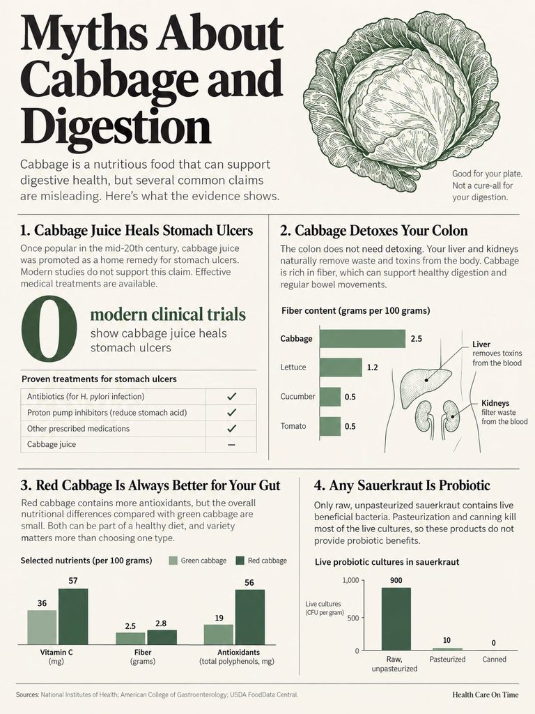 Infographic showing myths about cabbage and digestion, including health claims and nutritional comparisons.