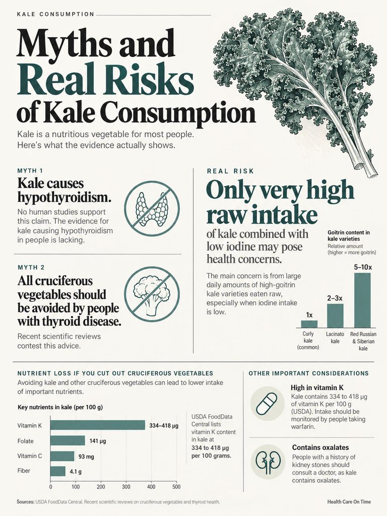 Infographic explaining myths and real risks of kale consumption, including nutrient data and health concerns.
