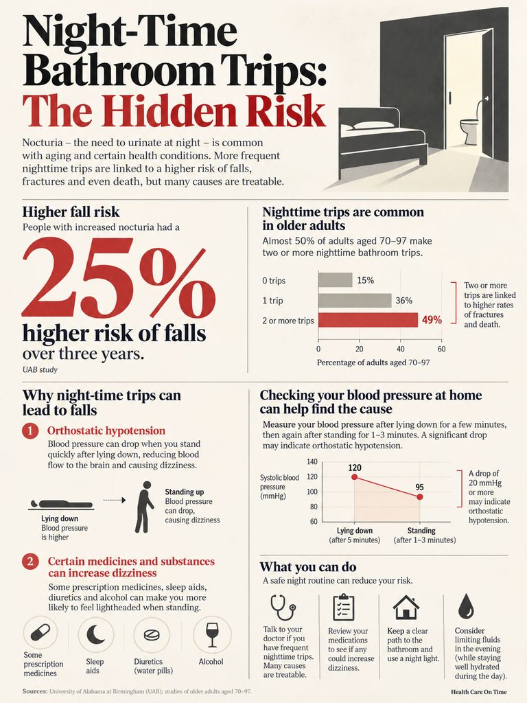 Infographic on nighttime bathroom trips, highlighting risks, statistics, and tips for older adults' safety.
