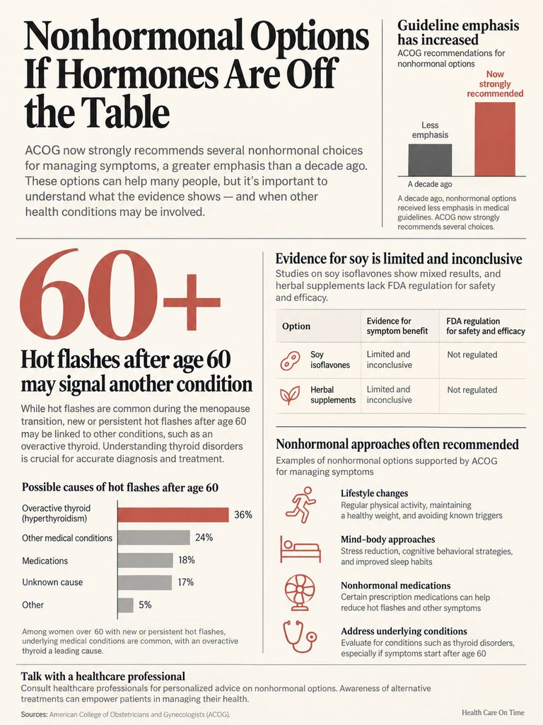 Infographic detailing nonhormonal options for managing symptoms, highlighting hot flashes after age 60 and causes.