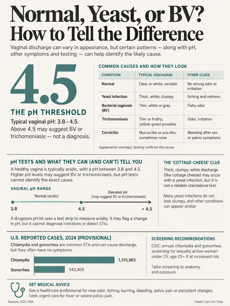 Infographic explaining vaginal discharge types, pH levels, and common causes with statistics on STIs and screening recommendations.