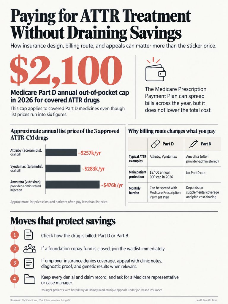 Infographic detailing costs and billing options for ATTR treatment, including drug prices and savings strategies.