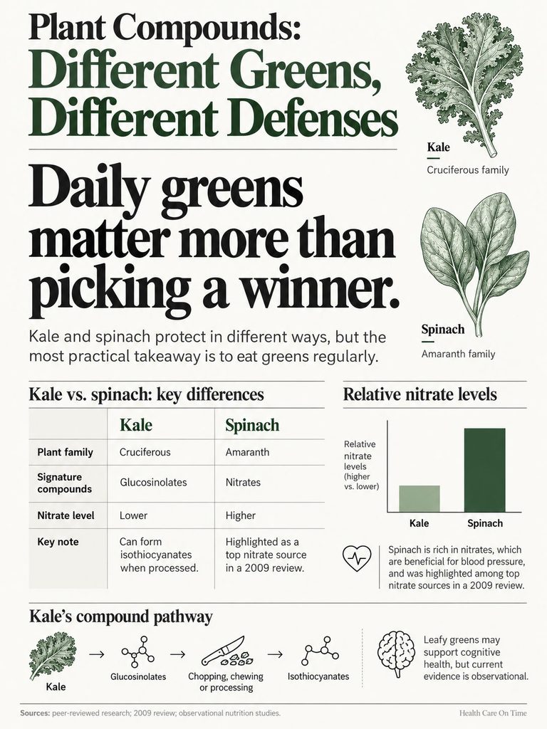 Infographic comparing kale and spinach, highlighting plant families, compounds, nitrate levels, and health benefits.