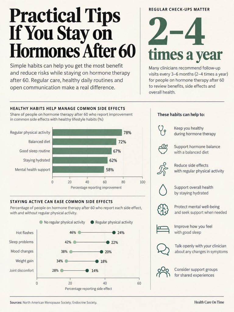 Infographic showing tips for hormone therapy after 60, including charts on side effects and healthy habits.