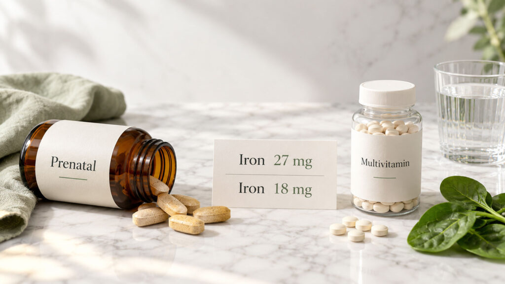 Prenatal vitamin bottle spills tablets next to iron and multivitamin labels on marble surface with spinach leaves.