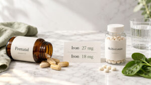 Prenatal vitamin bottle spills tablets next to iron and multivitamin labels on marble surface with spinach leaves.