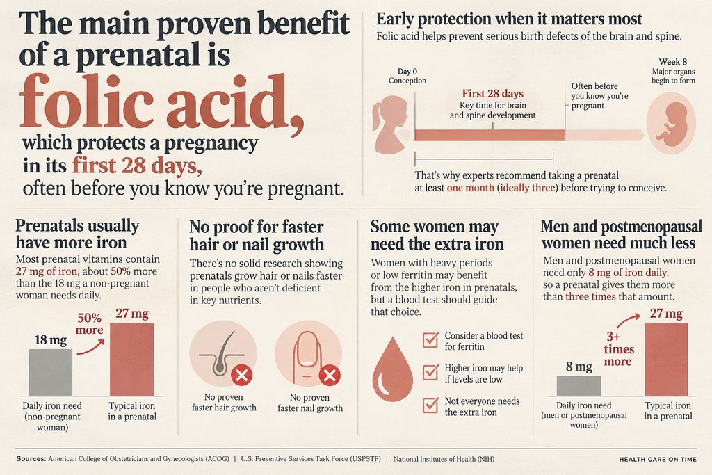 Infographic explaining the benefits of folic acid in prenatal vitamins, highlighting iron content and growth myths.