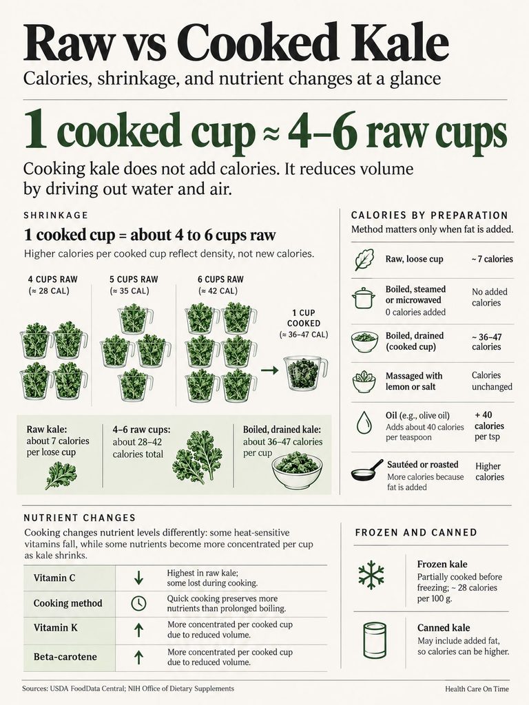 Infographic comparing raw and cooked kale, showing calories, shrinkage, and nutrient changes with illustrations.