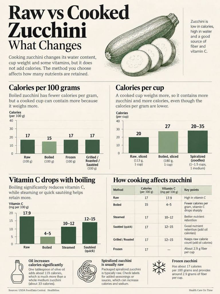 Infographic comparing raw and cooked zucchini, detailing calories, vitamin C, and cooking methods with charts and icons.