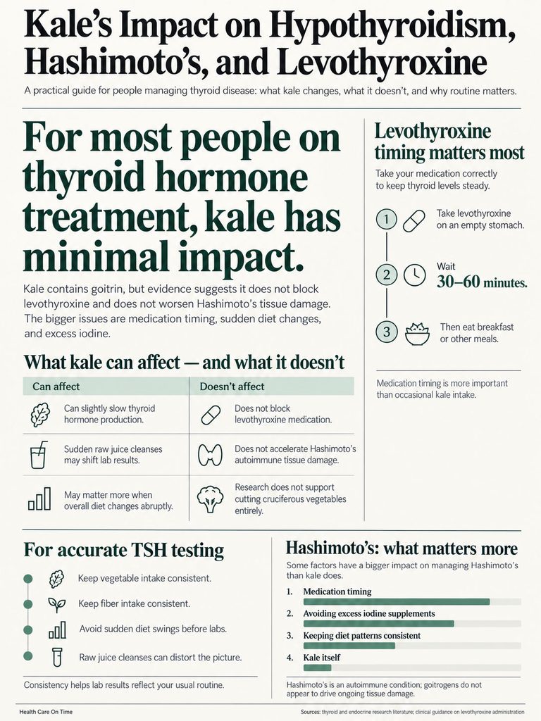 Infographic showing kale's minimal impact on thyroid treatment, medication timing, and dietary consistency.