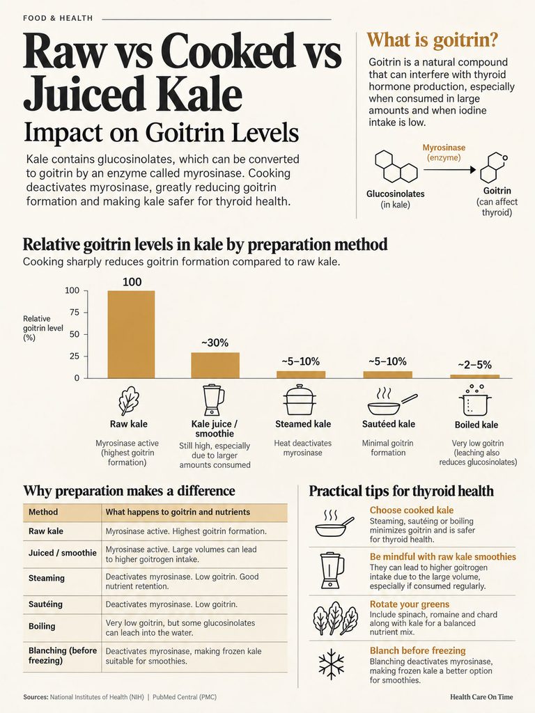 Infographic comparing goitrin levels in raw, cooked, and juiced kale with preparation methods and health tips.
