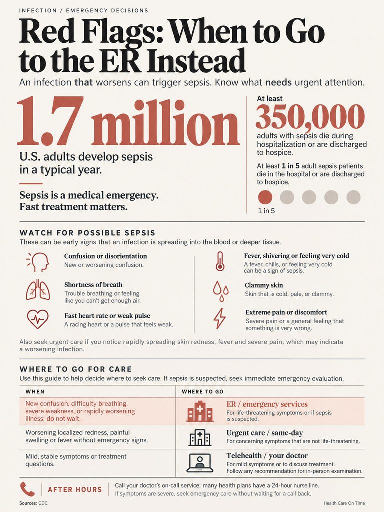 Infographic detailing sepsis symptoms and care options, highlighting statistics and red flags for urgent attention.