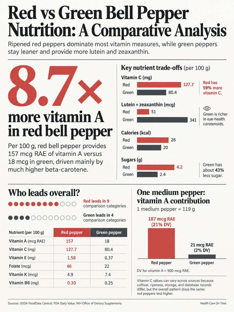Comparison of red and green bell pepper nutrition with key nutrients and data points displayed in charts. Infographic.