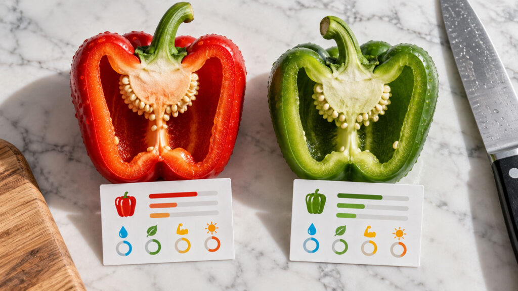 A halved red and green bell pepper on a marble surface with informational cards beside them.