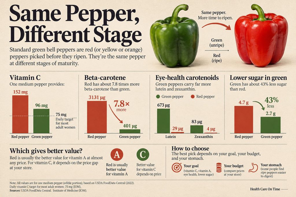 Infographic comparing red and green bell peppers' nutrients, including Vitamin C, beta-carotene, and sugar content.