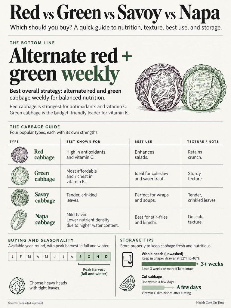 Infographic comparing red, green, savoy, and napa cabbage nutrition, texture, and storage tips.