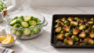 Freshly steamed and roasted Brussels sprouts on a marble countertop with lemon slices nearby.