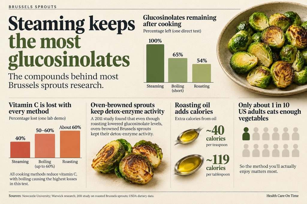 Infographic showing glucosinolates in Brussels sprouts after steaming, boiling, and roasting with charts and icons.