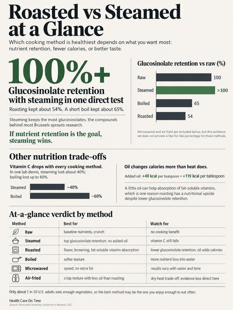 Infographic comparing glucosinolate retention in roasted vs steamed cooking methods with charts and data points.