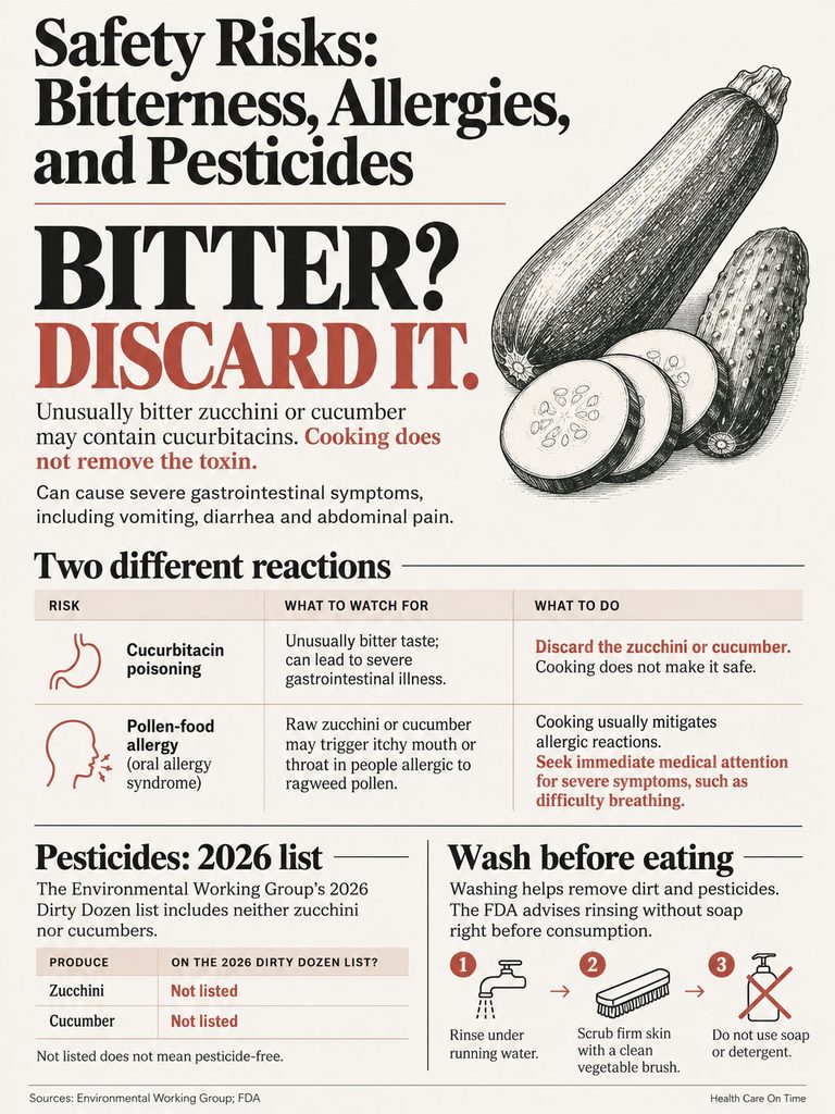 Infographic detailing safety risks of bitter zucchini and cucumber, including symptoms and washing instructions.