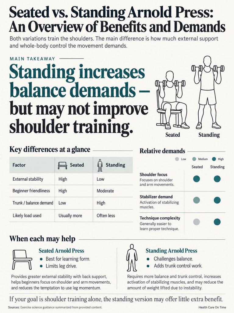 Infographic comparing Seated vs. Standing Arnold Press with benefits, demands, and key differences in training.