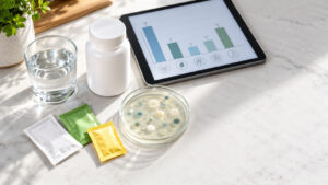 A glass of water, white supplement bottle, petri dish, and colorful packets on a marble surface with a tablet displaying graphs.