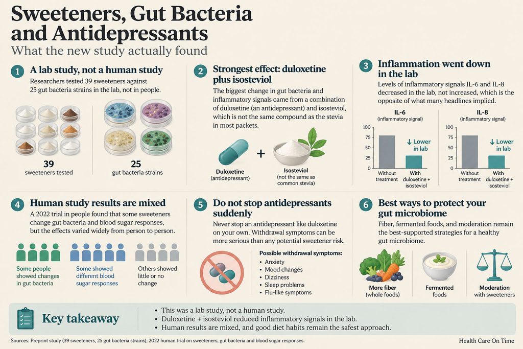 Infographic showing sweeteners, gut bacteria, and antidepressants with charts and key findings from a lab study.