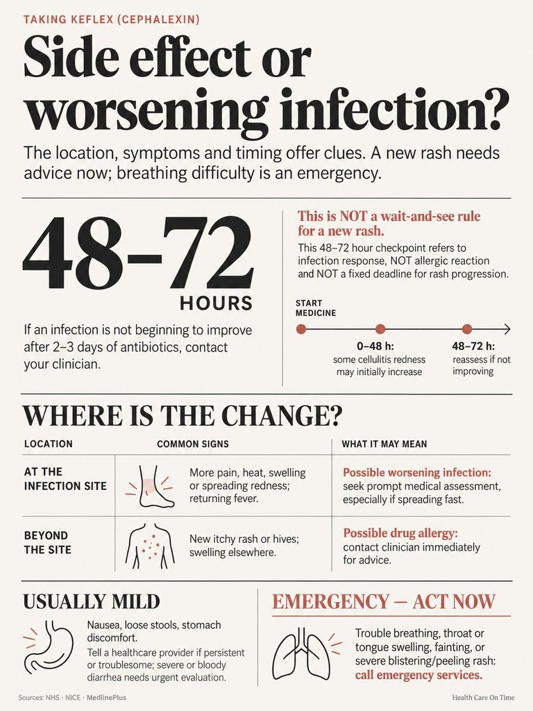 Infographic detailing symptoms and actions for side effects or worsening infection from Keflex, with charts and icons.